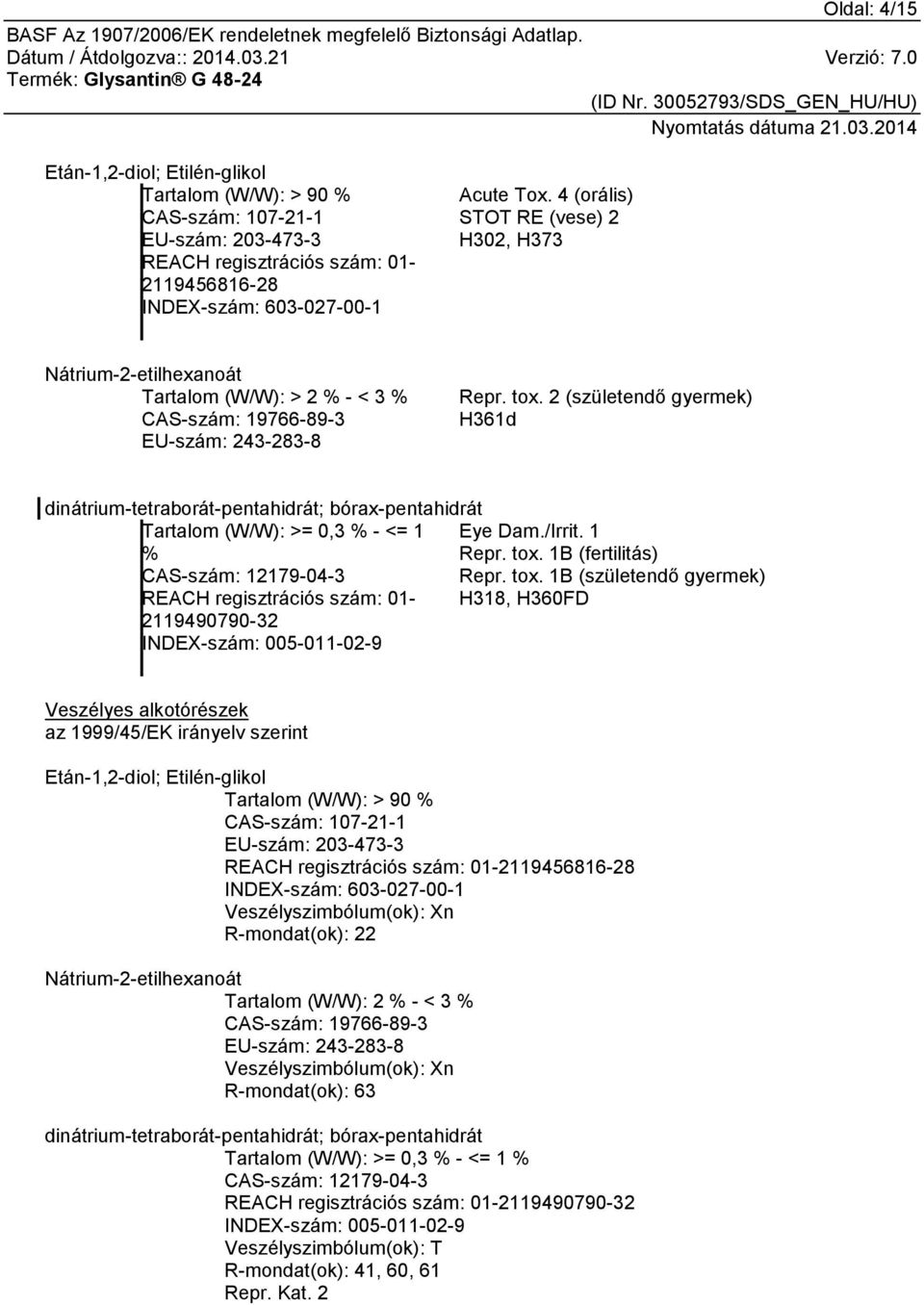 2 (születendő gyermek) H361d dinátrium-tetraborát-pentahidrát; bórax-pentahidrát Tartalom (W/W): >= 0,3 % - <= 1 Eye Dam./Irrit. 1 % Repr. tox.
