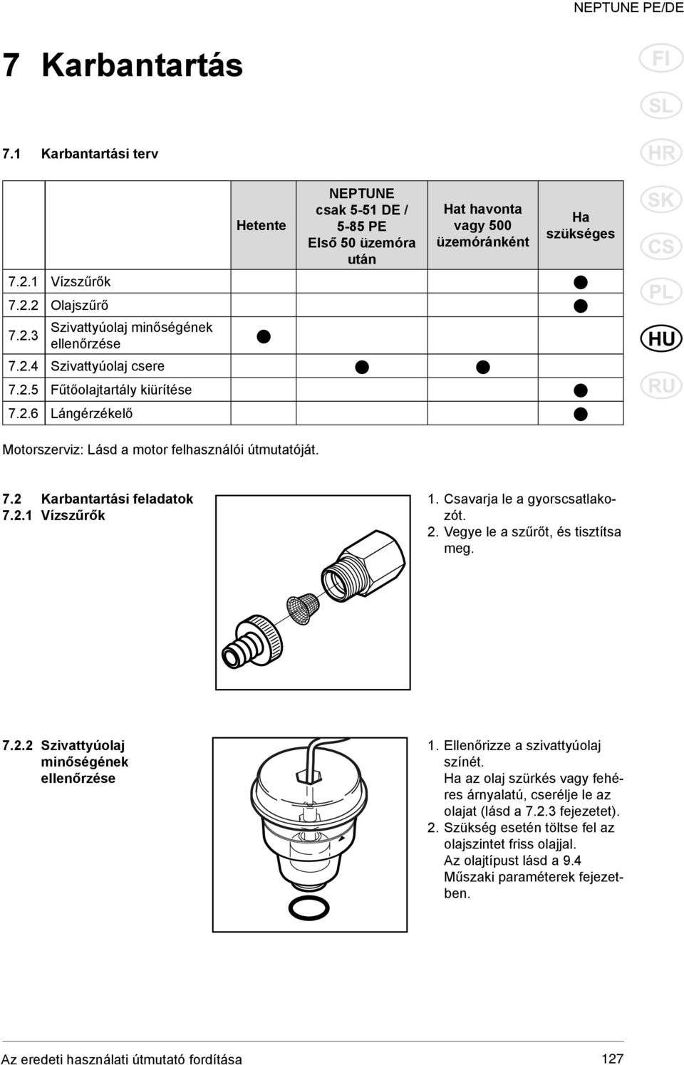 Csavarja le a gyorscsatlakozót. 2. Vegye le a szűrőt, és tisztítsa meg. 7.2.2 Szivattyúolaj minőségének ellenőrzése 1. Ellenőrizze a szivattyúolaj színét.
