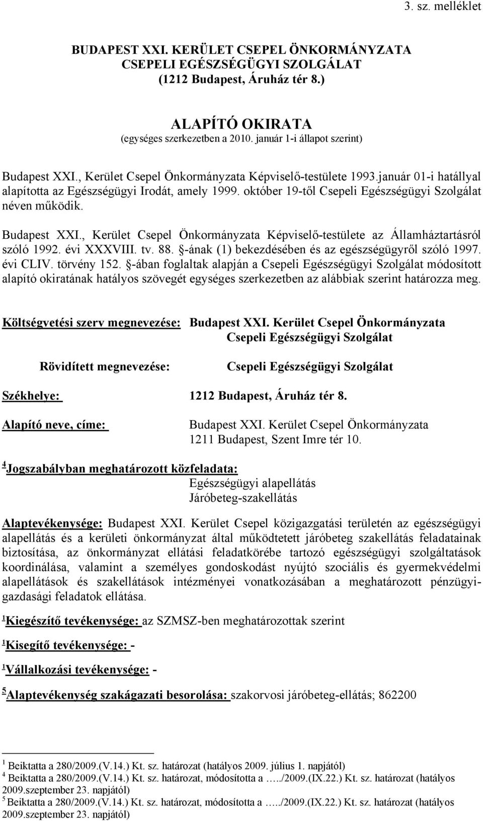 Budapest XXI., Kerület Csepel Önkormányzata Képviselő-testülete az Államháztartásról szóló 99. évi XXXVIII. tv. 88. -ának () bekezdésében és az egészségügyről szóló 997. évi CLIV. törvény 5.