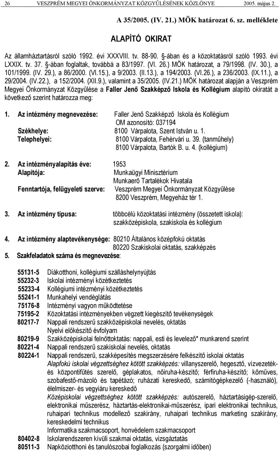 ), a 194/2003. (VI.26.), a 236/2003. (IX.11.), a 29/2004. (IV.22.), a 152/2004. (XII.9.), valamint a 35/2005. (IV.21.