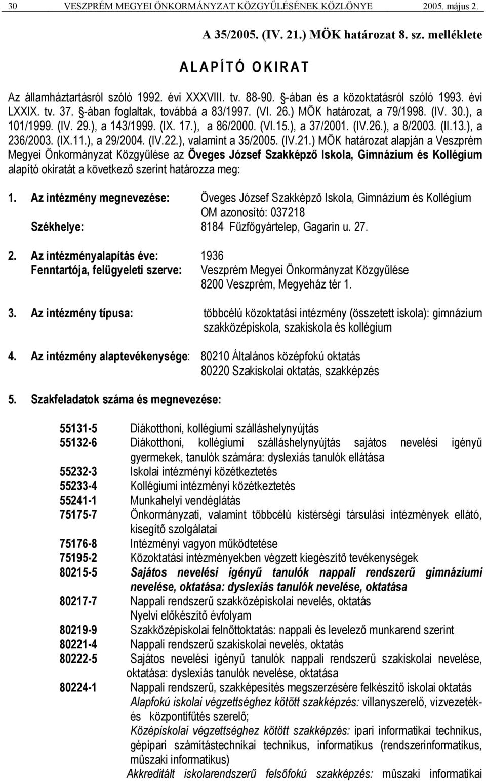 ), a 37/2001. (IV.26.), a 8/2003. (II.13.), a 236/2003. (IX.11.), a 29/2004. (IV.22.), valamint a 35/2005. (IV.21.