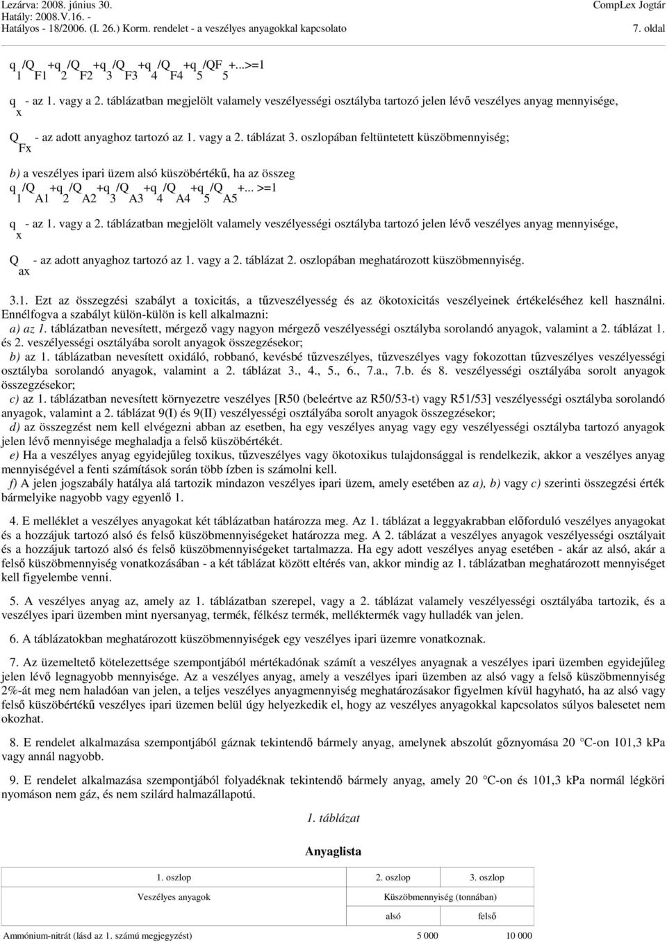 oszlopában feltüntetett küszöbmennyiség; b) a veszélyes ipari üzem alsó küszöbértékű, ha az összeg q 1 /Q A1 +q 2 /Q A2 +q 3 /Q A3 +q 4 /Q A4 +q 5 /Q A5 +... >=1 q x - az 1. vagy a 2.