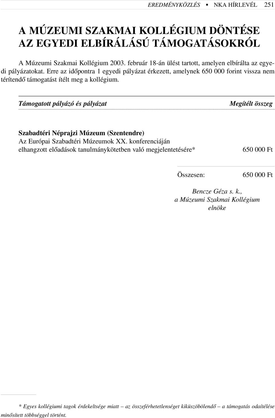 Erre az idõpontra 1 egyedi pályázat érkezett, amelynek 650 000 forint vissza nem térítendõ támogatást ítélt meg a kollégium.