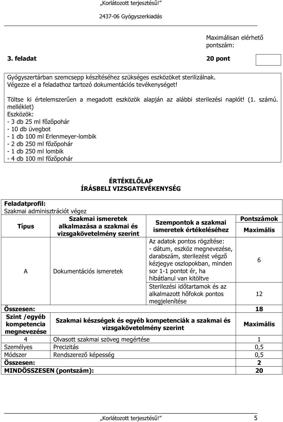 melléklet) Eszközök: - 3 db 25 ml főzőpohár - 10 db üvegbot - 1 db 100 ml Erlenmeyer-lombik - 2 db 250 ml főzőpohár - 1 db 250 ml lombik - 4 db 100 ml főzőpohár ÉRTÉKELŐLAP ÍRÁSBELI VIZSGATEVÉKENYSÉG