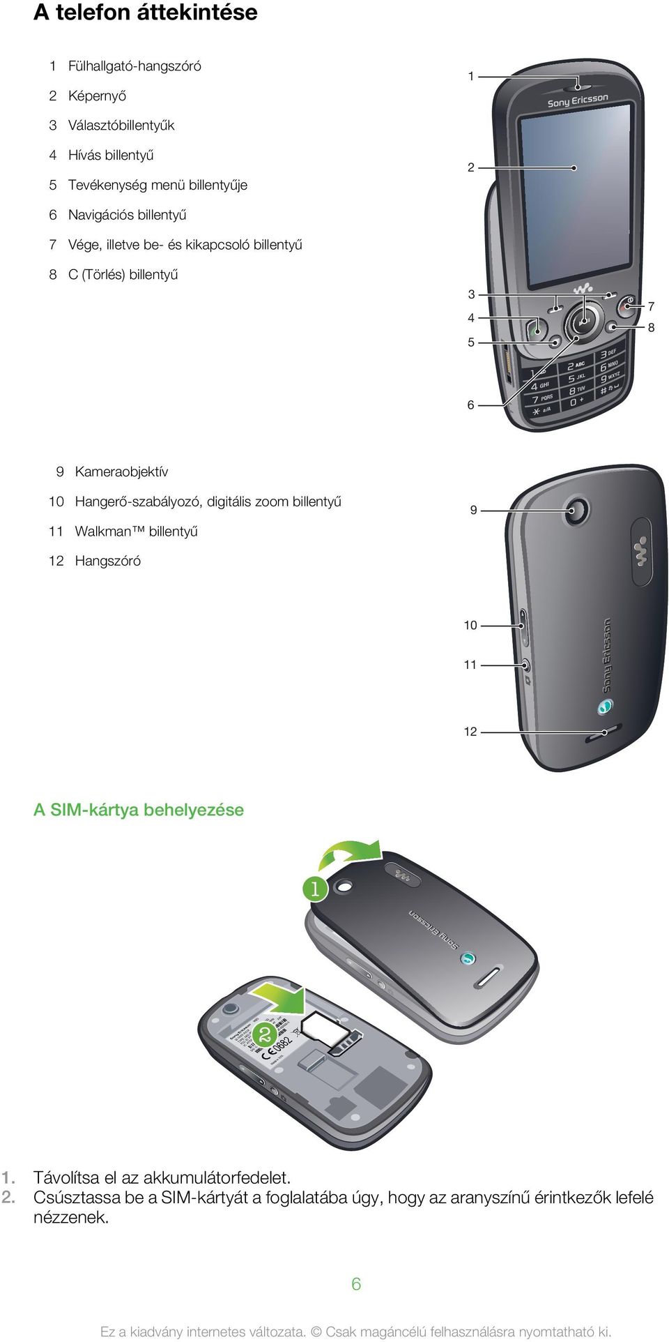 Kameraobjektív 10 Hangerő-szabályozó, digitális zoom billentyű 11 Walkman billentyű 12 Hangszóró 9 10 11 12 A SIM-kártya