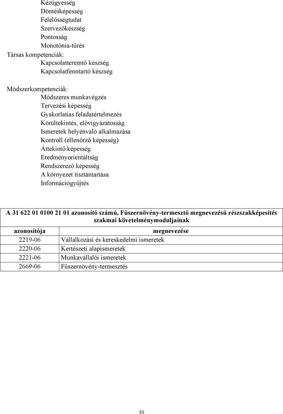 Eredményorientáltság Rendszerező képesség A környezet tisztántartása Információgyűjtés A 31 622 01 0100 21 01 azonosító számú, Fűszernövény-termesztő megnevezésű részszakképesítés