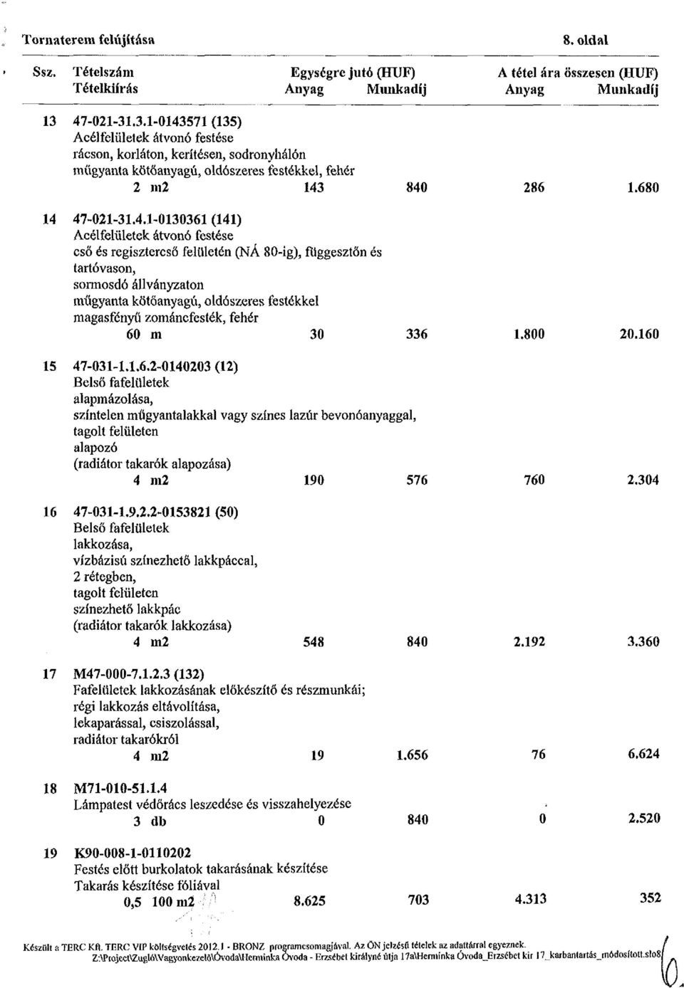 (141) Acélfelületek átvonó festése cső és regisztercső felületén (NÁ 80-ig), fíiggesztőn és tartóvason, sormosdó állványzaton műgyanta kötőanyagú, oldószeres festékkel magasfényű zománcfesték, fehér