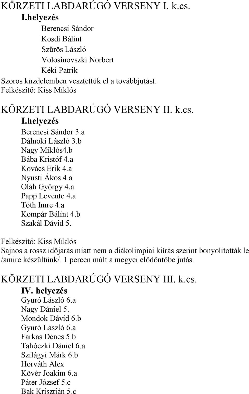 a Papp Levente 4.a Tóth Imre 4.a Kompár Bálint 4.b Szakál Dávid 5. Felkészítő: Kiss Miklós Sajnos a rossz időjárás miatt nem a diákolimpiai kiírás szerint bonyolították le /amire készültünk/.