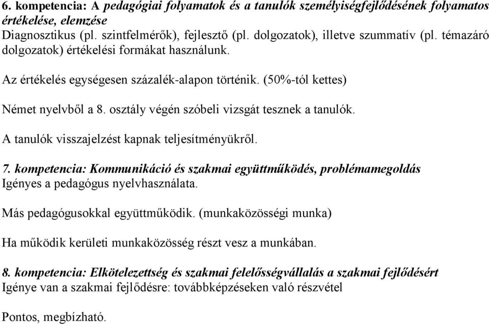 A tanulók visszajelzést kapnak teljesítményükről. 7. kompetencia: Kommunikáció és szakmai együttműködés, problémamegoldás Igényes a pedagógus nyelvhasználata. Más pedagógusokkal együttműködik.