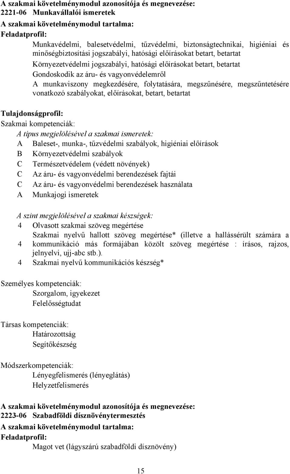 munkaviszony megkezdésére, folytatására, megszűnésére, megszűntetésére vonatkozó szabályokat, előírásokat, betart, betartat Tulajdonságprofil: Szakmai kompetenciák: A típus megjelölésével a szakmai