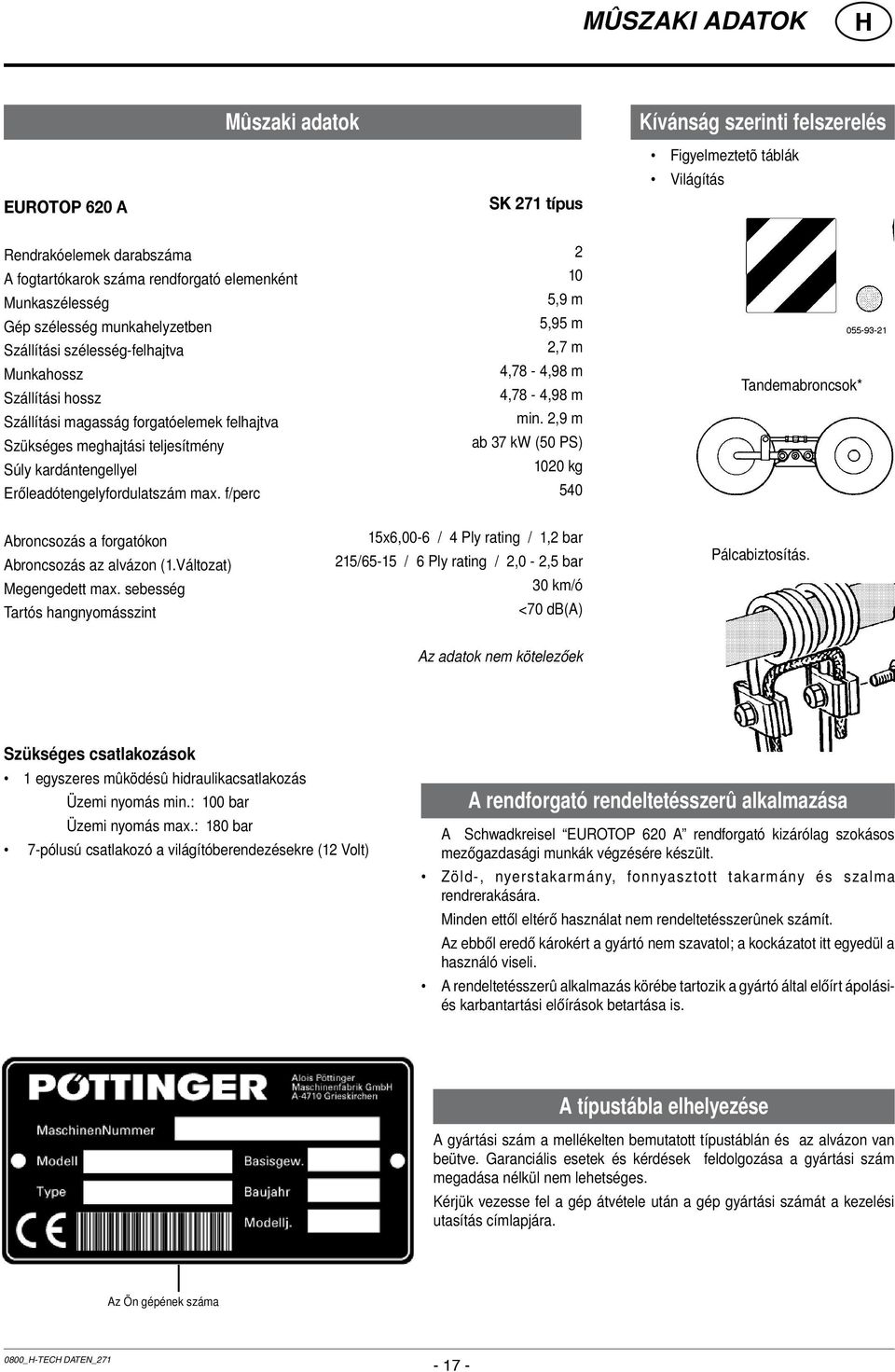 kardántengellyel Erőleadótengelyfordulatszám max. f/perc 2 10 5,9 m 5,95 m 2,7 m 4,78-4,98 m 4,78-4,98 m min.