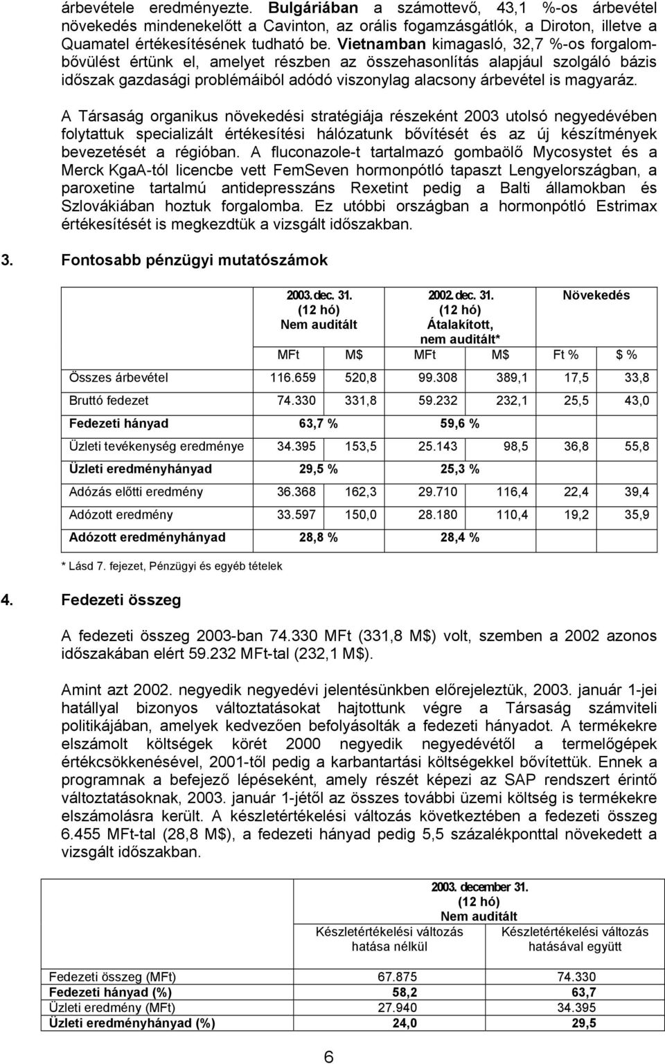 A Társaság organikus növekedési stratégiája részeként 2003 utolsó negyedévében folytattuk specializált értékesítési hálózatunk bővítését és az új készítmények bevezetését a régióban.