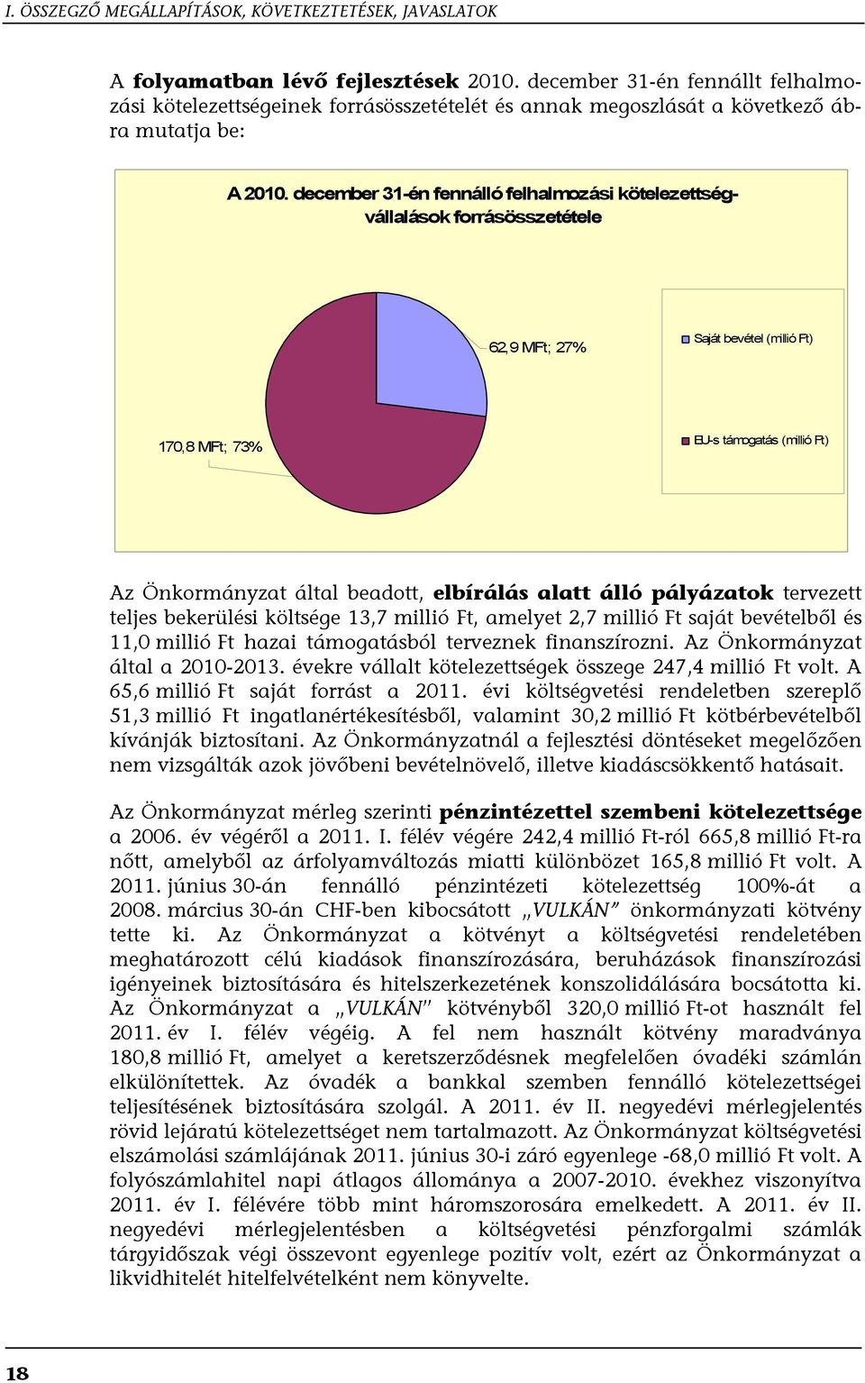 december 31-én fennálló felhalmozási kötelezettségvállalások forrásösszetétele 62,9 MFt; 27% Saját bevétel (millió Ft) 170,8 MFt; 73% EU-s támogatás (millió Ft) Az Önkormányzat által beadott,