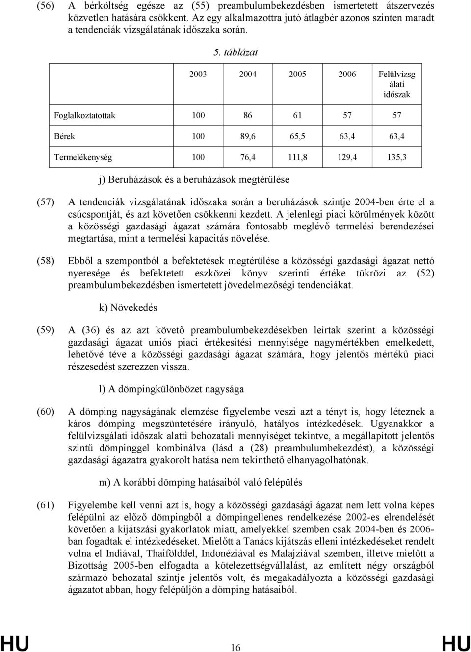 táblázat 2003 2004 2005 2006 Felülvizsg álati időszak Foglalkoztatottak 100 86 61 57 57 Bérek 100 89,6 65,5 63,4 63,4 Termelékenység 100 76,4 111,8 129,4 135,3 j) Beruházások és a beruházások