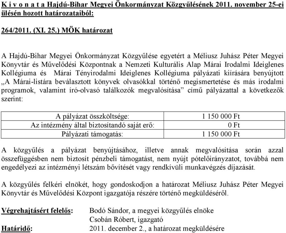 Márai Tényirodalmi Ideiglenes Kollégiuma pályázati kiírására benyújtott A Márai-listára beválasztott könyvek olvasókkal történı megismertetése és más irodalmi programok, valamint író-olvasó