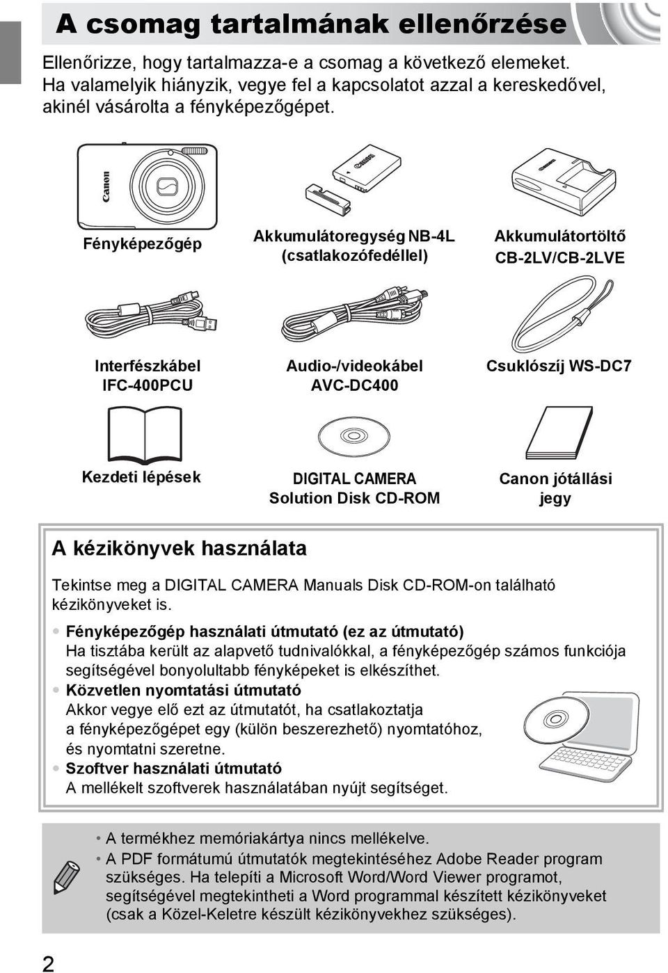 Fényképezőgép Akkumulátoregység NB-4L (csatlakozófedéllel) Akkumulátortöltő CB-2LV/CB-2LVE Interfészkábel IFC-400PCU Audio-/videokábel AVC-DC400 Csuklószíj WS-DC7 Kezdeti lépések DIGITAL CAMERA