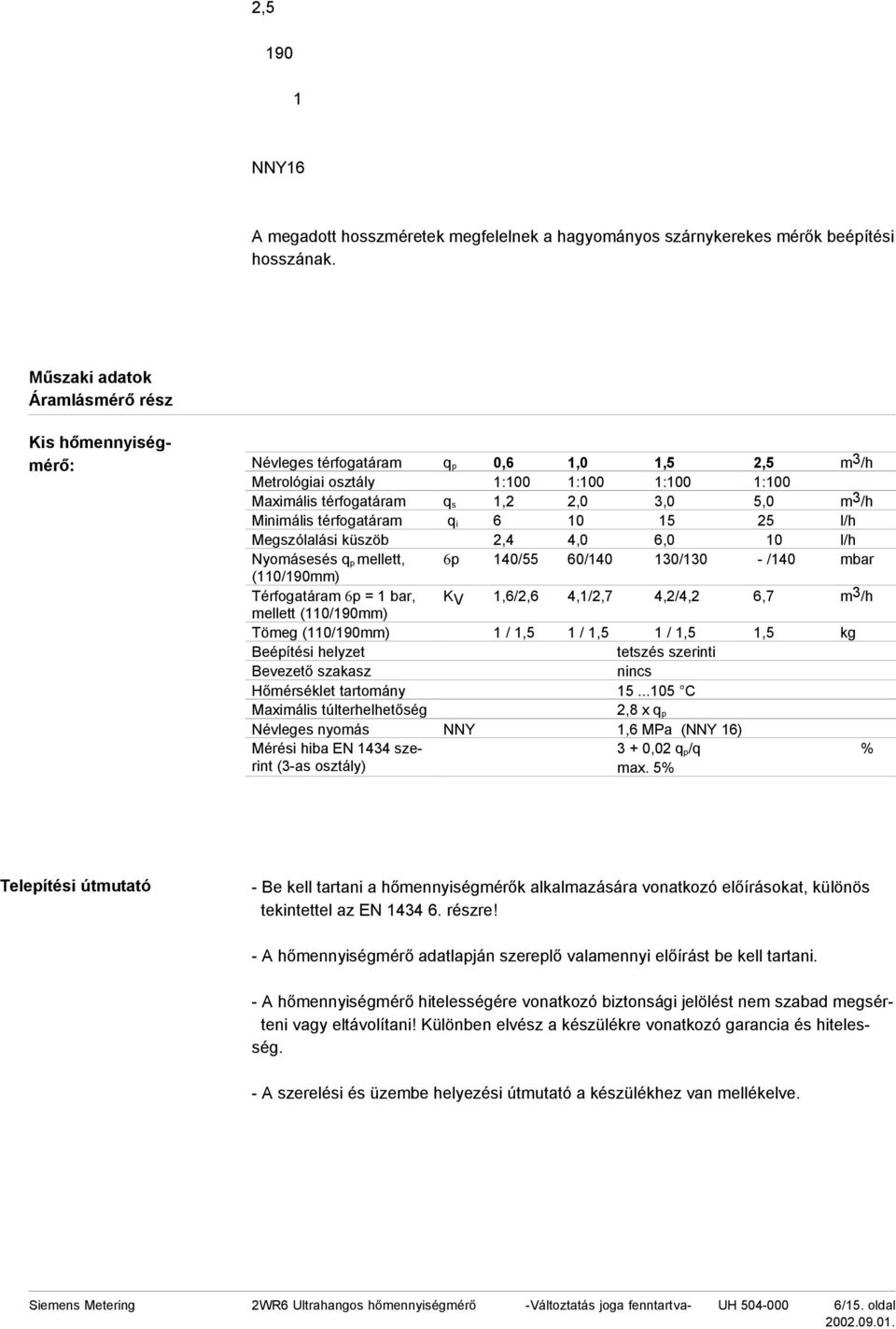 Minimális térfogatáram q i 6 10 15 25 l/h Megszólalási küszöb 2,4 4,0 6,0 10 l/h Nyomásesés q p mellett, 6p 140/55 60/140 130/130 - /140 mbar (110/190mm) Térfogatáram 6p = 1 bar, KV 1,6/2,6 4,1/2,7