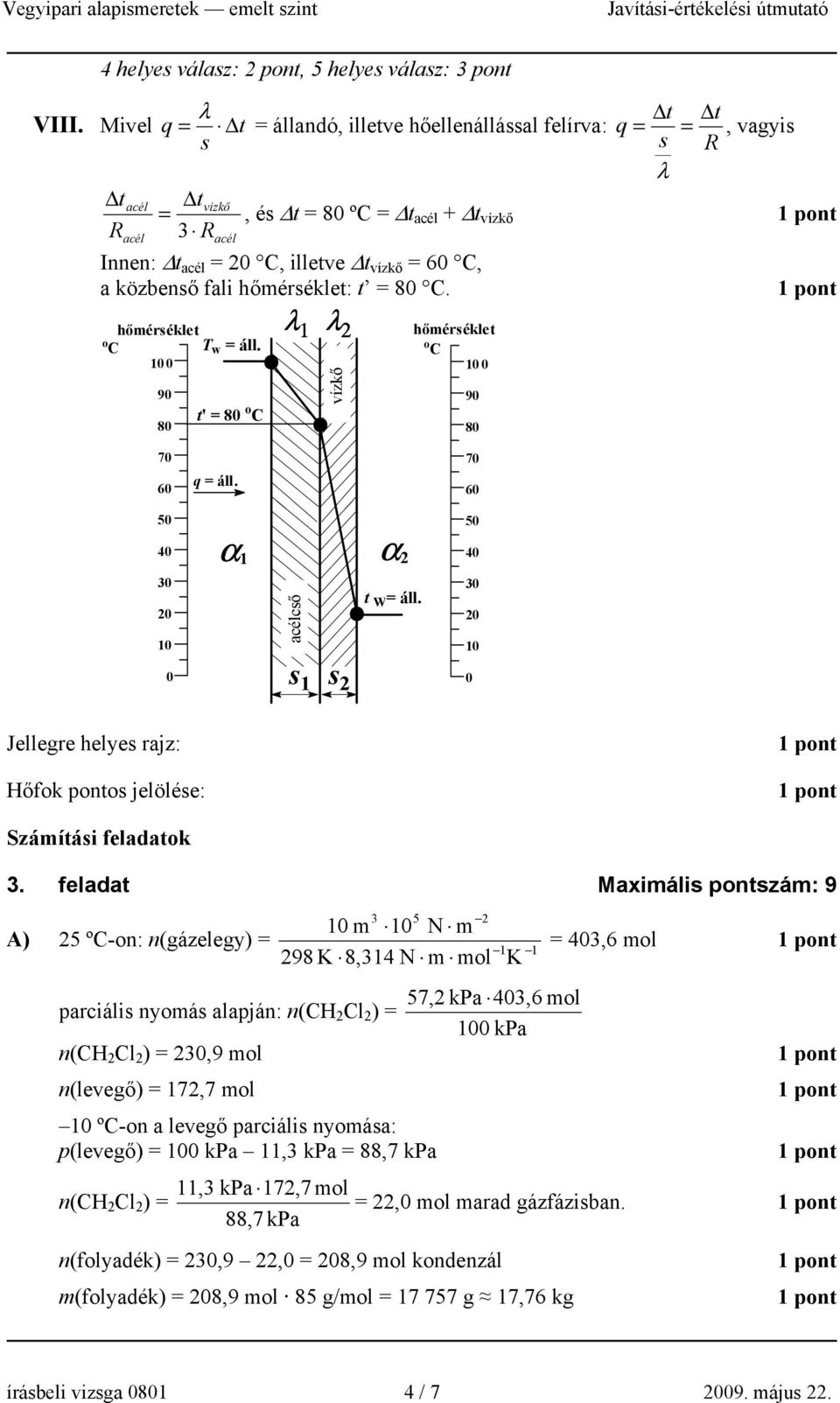 közbenső fali hőmérséklet: t = 80 C. o C hőmérséklet T w = áll. 10 0 90 t' = 80 o C 80 λ 1 λ vízkő hőmérséklet o C 10 0 90 80 70 60 50 40 30 0 10 q = áll. α 1 α acélcső t W = áll.