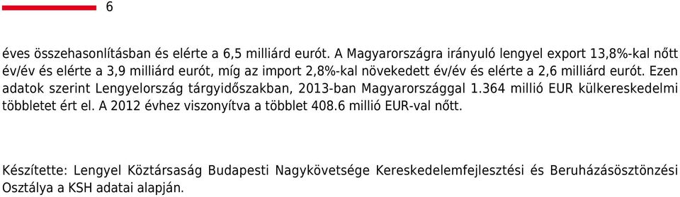 elérte a 2,6 milliárd eurót. Ezen adatok szerint Lengyelország tárgyidőszakban, 2013-ban Magyarországgal 1.