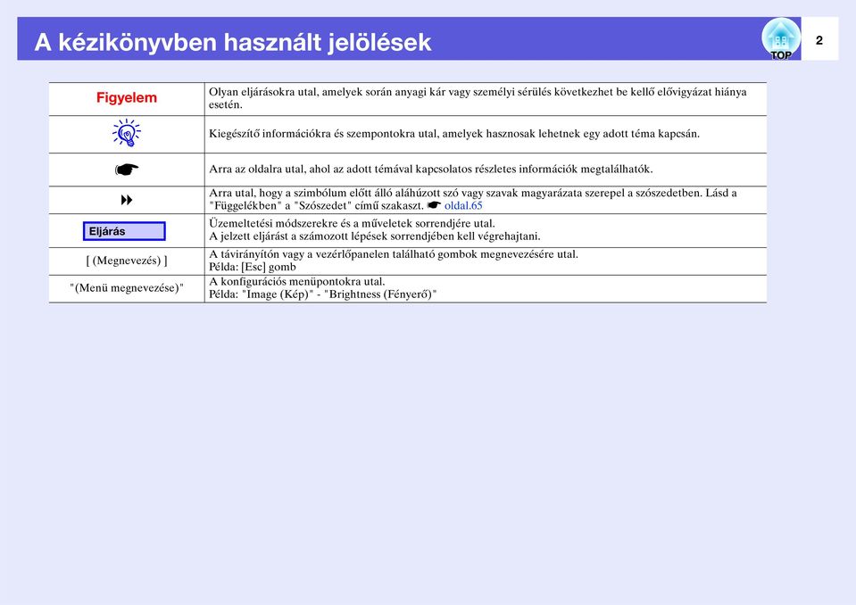 Arra az oldalra utal, ahol az adott témával kapcsolatos részletes információk megtalálhatók. Arra utal, hogy a szimbólum előtt álló aláhúzott szó vagy szavak magyarázata szerepel a szószedetben.