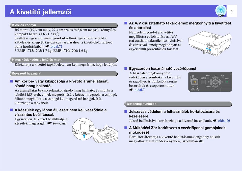 71 * EMP-1715/1705: 1,7 kg, EMP-1710/1700: 1,6 kg f Az A/V csúsztatható takarólemez megkönnyíti a kivetítést és a tárolást Nem jelent gondot a kivetítés megállítása és folytatása az A/V csúsztatható