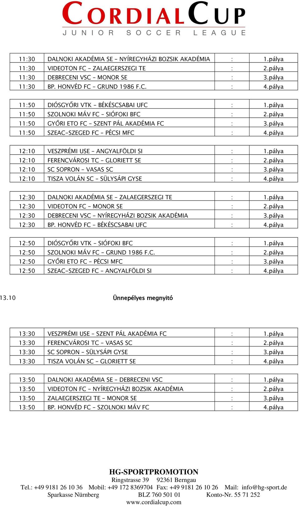 pálya 12:10 VESZPRÉMI USE ANGYALFÖLDI SI : 1.pálya 12:10 FERENCVÁROSI TC GLORIETT SE : 2.pálya 12:10 SC SOPRON VASAS SC : 3.pálya 12:10 TISZA VOLÁN SC SÜLYSÁPI GYSE : 4.