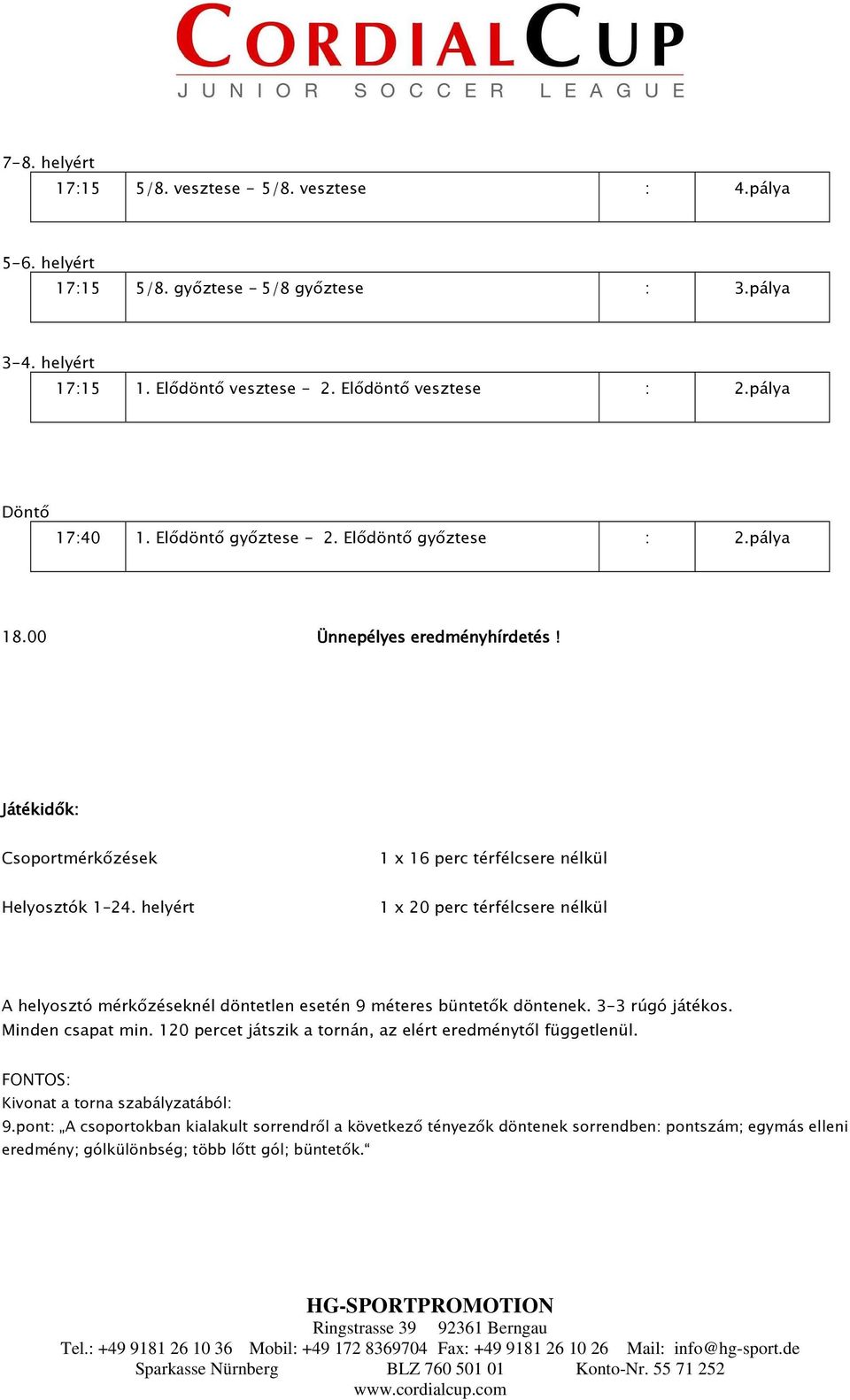 helyért 1 x 20 perc térfélcsere nélkül A helyosztó mérkőzéseknél döntetlen esetén 9 méteres büntetők döntenek. 3-3 rúgó játékos. Minden csapat min.