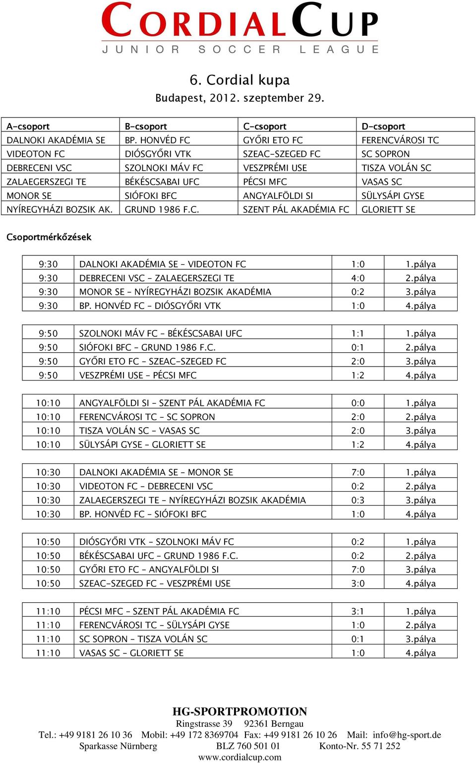 SC MONOR SE SIÓFOKI BFC ANGYALFÖLDI SI SÜLYSÁPI GYSE NYÍREGYHÁZI BOZSIK AK. GRUND 1986 F.C. SZENT PÁL AKADÉMIA FC GLORIETT SE Csoportmérkőzések 9:30 DALNOKI AKADÉMIA SE VIDEOTON FC 1:0 1.
