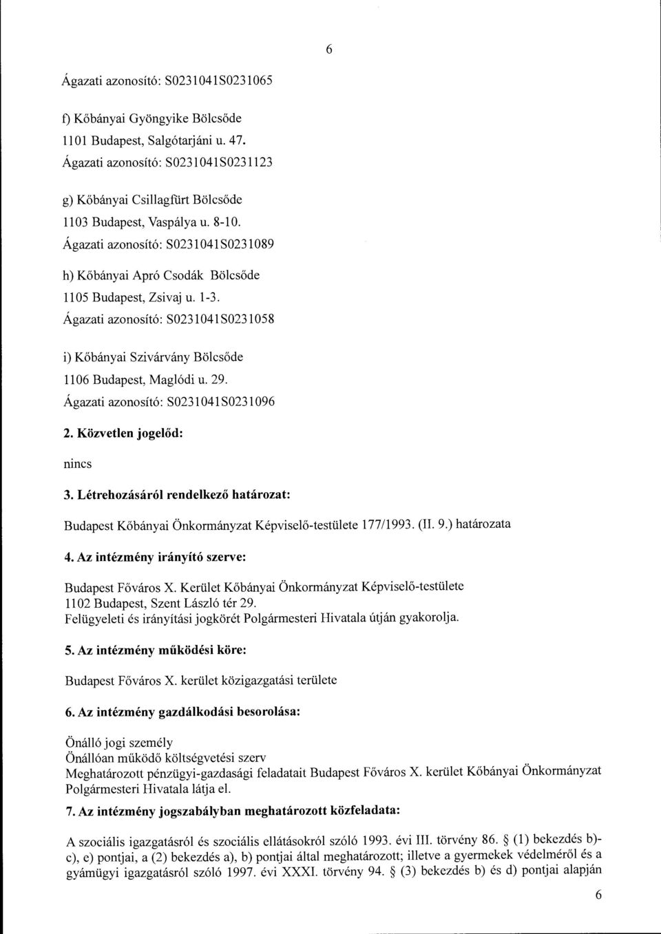 Ágazati azonosító: S0231 041 S0231 089 h) Kőbányai Apró Csodák Bölcsőde 1105 Budapest, Zsivaj u. 1-3. Ágazati azonosító: S0231041S0231058 i) Kőbányai Szivárvány Bölcsőde 1106 Budapest, Maglódi u. 29.