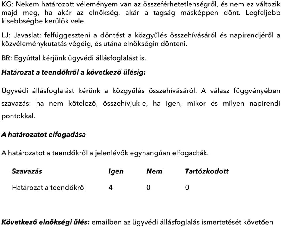 Határozat a teendőkről a következő ülésig: Ügyvédi állásfoglalást kérünk a közgyűlés összehívásáról.