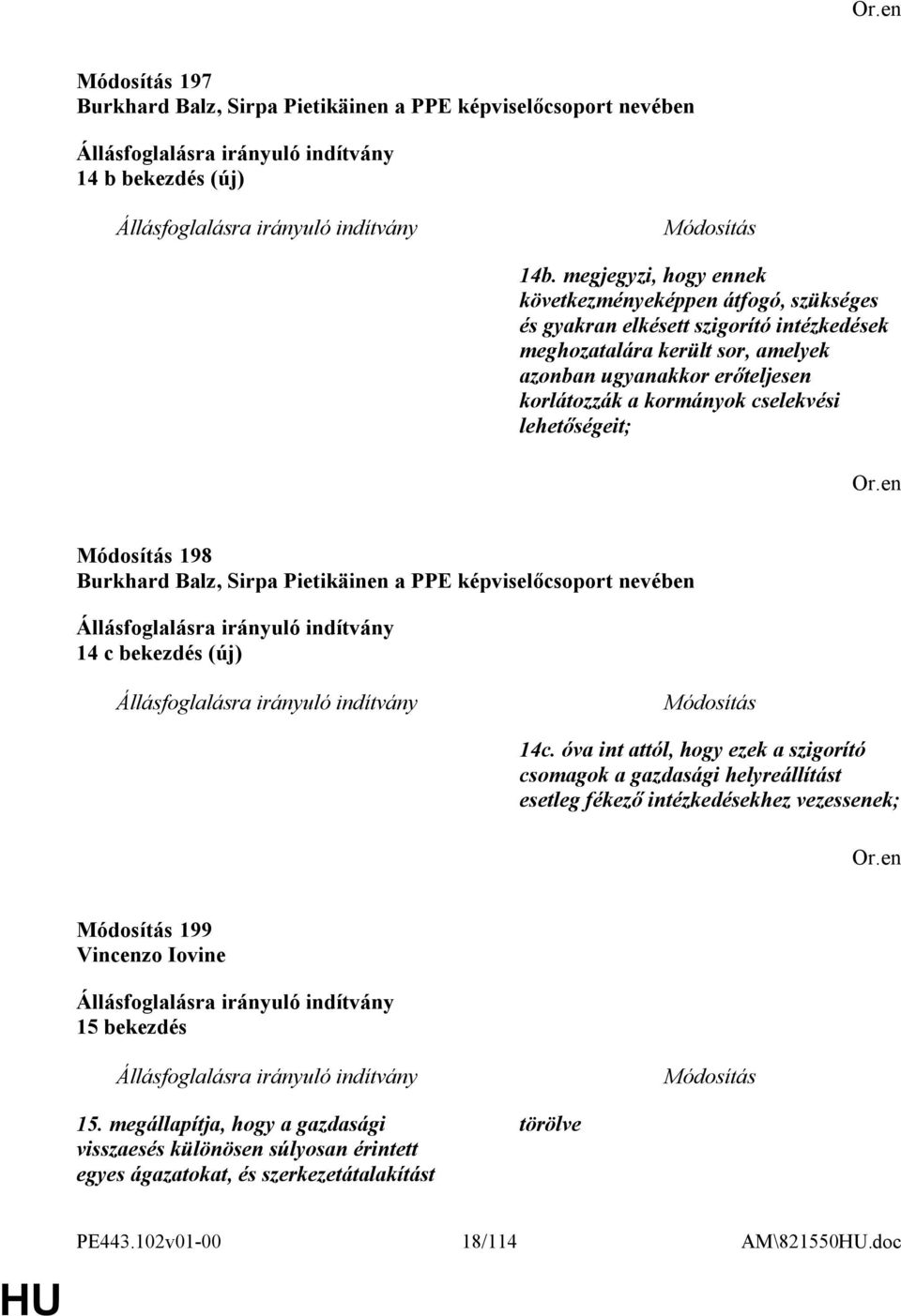 korlátozzák a kormányok cselekvési lehetőségeit; 198 Burkhard Balz, Sirpa Pietikäinen a PPE képviselőcsoport nevében 14 c bekezdés (új) 14c.