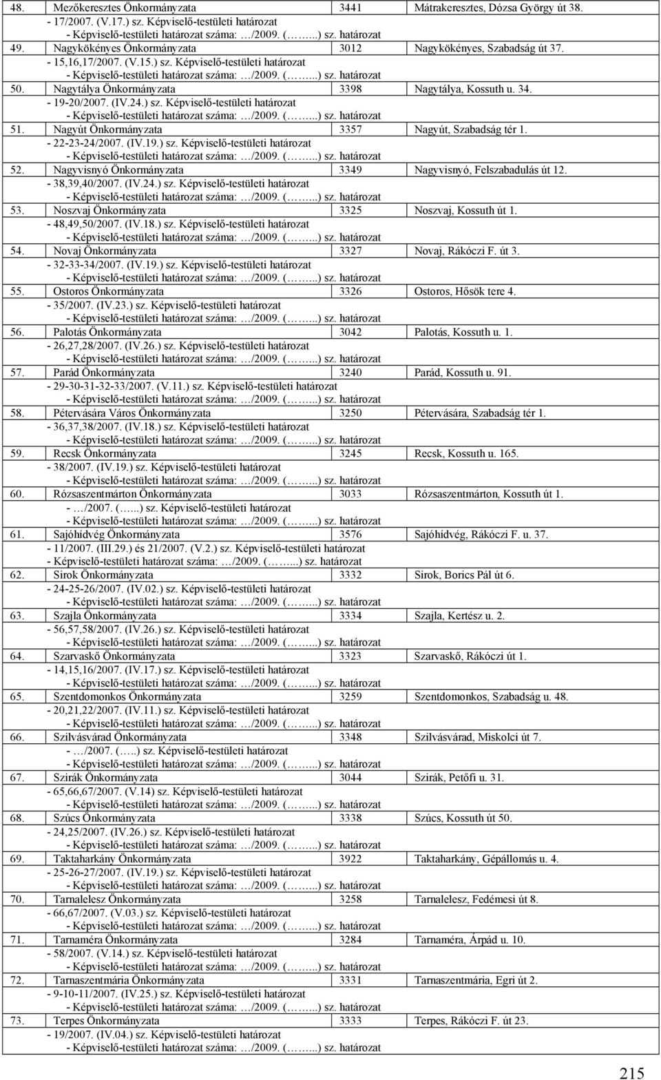 Nagyút Önkormányzata 3357 Nagyút, Szabadság tér 1. - 22-23-24/2007. (IV.19.) sz. Képviselő-testületi határozat 52. Nagyvisnyó Önkormányzata 3349 Nagyvisnyó, Felszabadulás út 12. - 38,39,40/2007. (IV.24.) sz. Képviselő-testületi határozat 53.