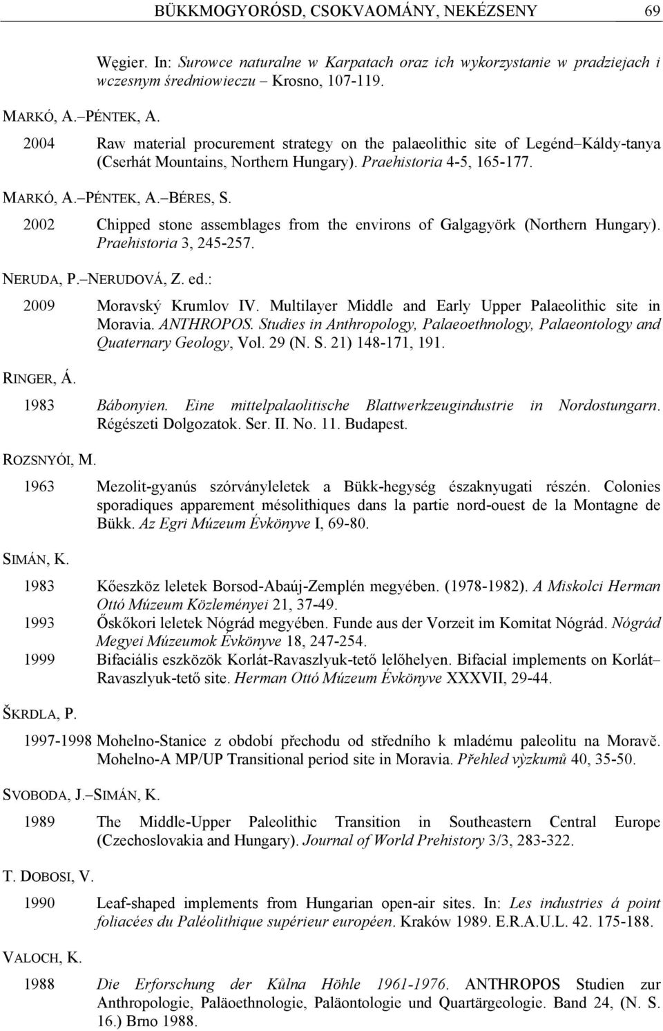 2002 Chipped stone assemblages from the environs of Galgagyörk (Northern Hungary). Praehistoria 3, 245-257. NERUDA, P. NERUDOVÁ, Z. ed.: 2009 Moravský Krumlov IV.