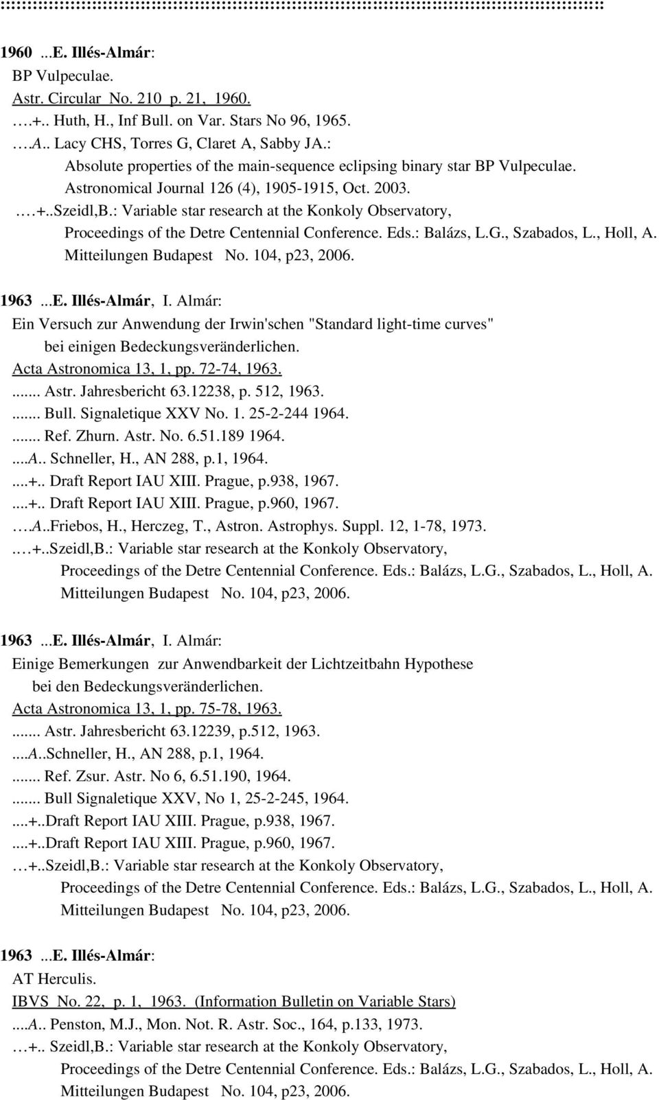 Astronomical Journal 126 (4), 1905 1915, Oct. 2003.. +..Szeidl,B.: Variable star research at the Konkoly Observatory, Proceedings of the Detre Centennial Conference. Eds.: Balázs, L.G., Szabados, L.