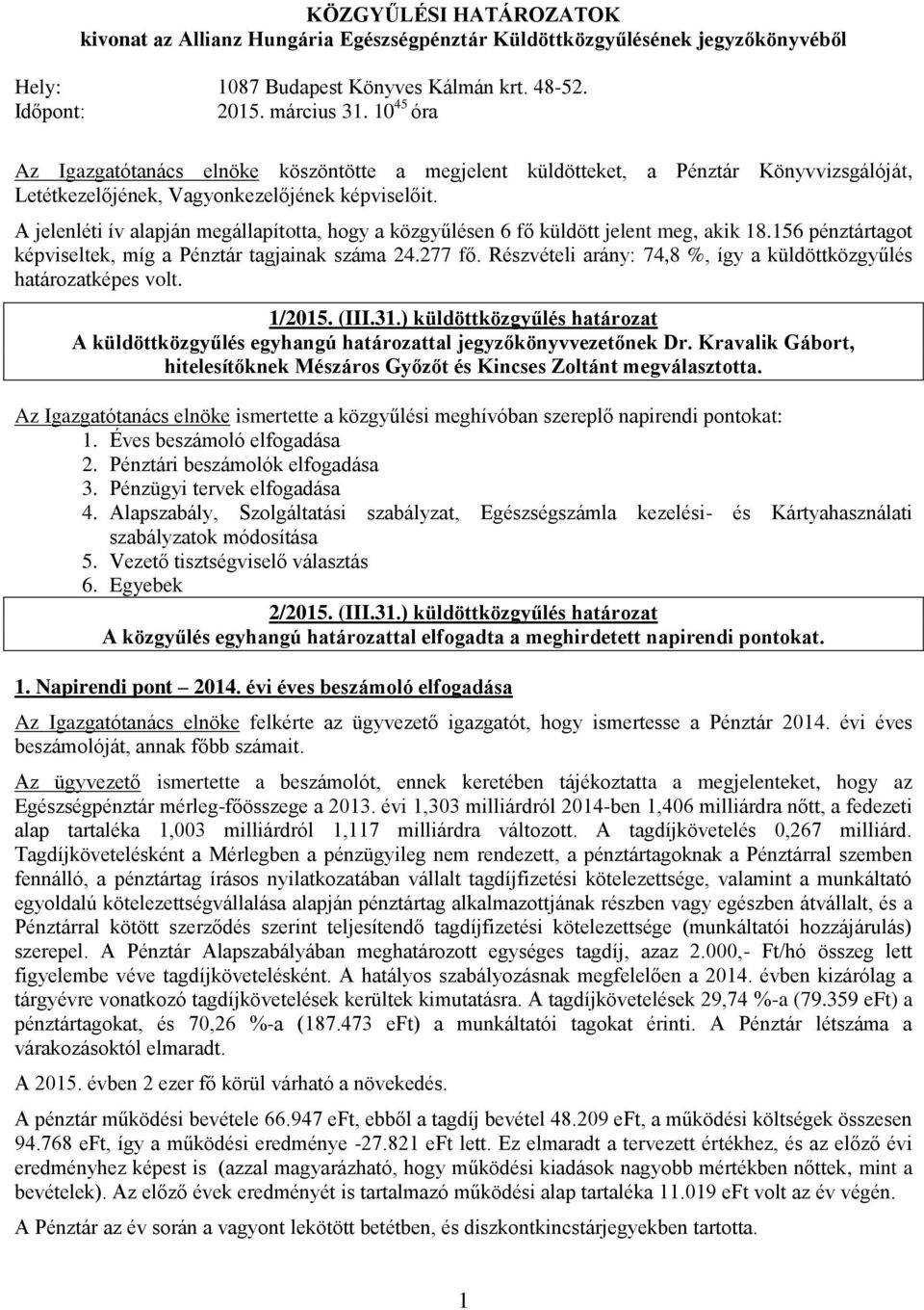 A jelenléti ív alapján megállapította, hogy a közgyűlésen 6 fő küldött jelent meg, akik 18.156 pénztártagot képviseltek, míg a Pénztár tagjainak száma 24.277 fő.