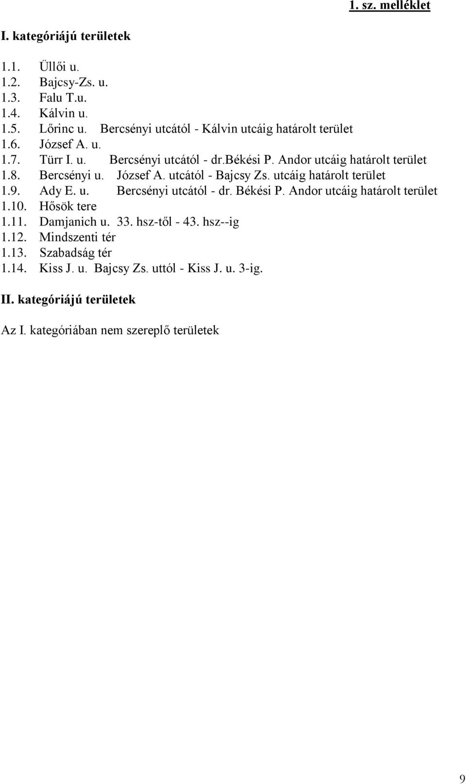 Bercsényi u. József A. utcától - Bajcsy Zs. utcáig határolt terület 1.9. Ady E. u. Bercsényi utcától - dr. Békési P. Andor utcáig határolt terület 1.10.