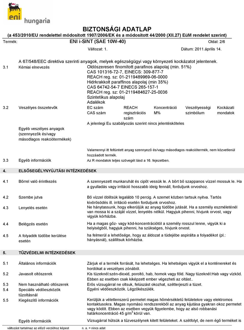 sz: 01-2119489969-06-0000 Hidrkrakkolt paraffinos alapolaj (min 35%) CAS 64742-54-7 EINECS 265-157-1 REACH reg. sz: 01-2119484627-25-0036 Szintetikus alapolaj Adalékok 3.