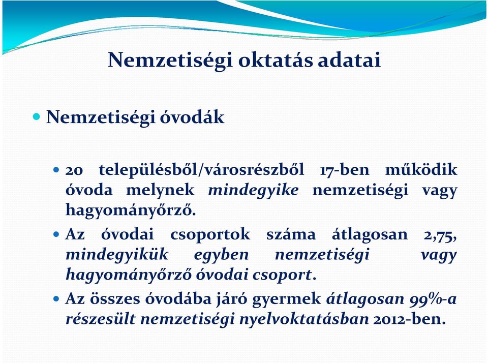 Az óvodai csoportok száma átlagosan 2,75, mindegyikük egyben nemzetiségi vagy