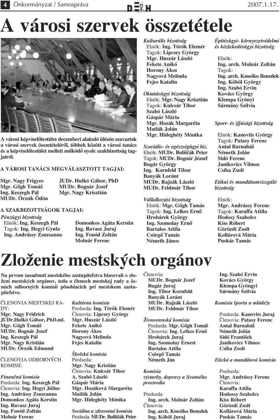 szakbizottság tag jairól. A VÁROSI TANÁCS MEGVÁLASZTOTT TAGJAI: Mgr. Nagy Frigyes Mgr. Gőgh Tomáš Ing. Keszegh Pál MUDr. Örzsik Ödön JUDr. Hulkó Gábor, PhD MUDr. Bognár Jozef Mgr.
