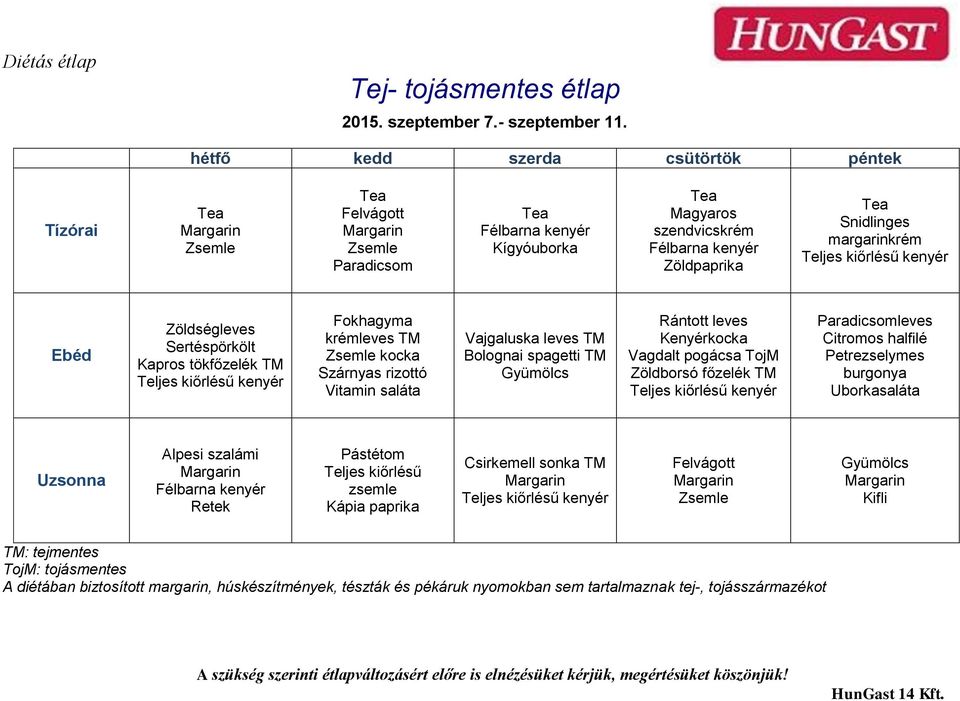 Fokhagyma krémleves TM kocka Szárnyas rizottó Vitamin saláta Vajgaluska leves TM Bolognai spagetti