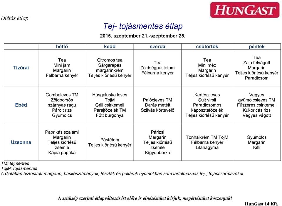 ragu Párolt rizs Húsgaluska leves TojM Grill csirkemell Parajfőzelék TM Főtt burgonya Palócleves TM Darás metélt