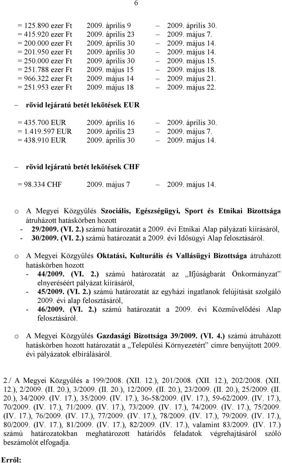 rövid lejáratú betét lekötések EUR = 435.700 EUR 2009. április 16 2009. április 30. = 1.419.597 EUR 2009. április 23 2009. május 7. = 438.910 EUR 2009. április 30 2009. május 14.