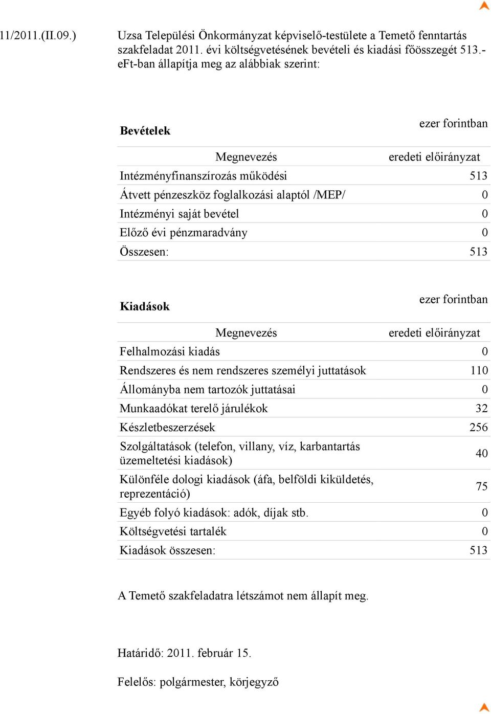 pénzmaradvány 0 Összesen: 513 Kiadások eredeti előirányzat Felhalmozási kiadás 0 Rendszeres és nem rendszeres személyi juttatások 110 Állományba nem tartozók juttatásai 0 Munkaadókat terelő járulékok