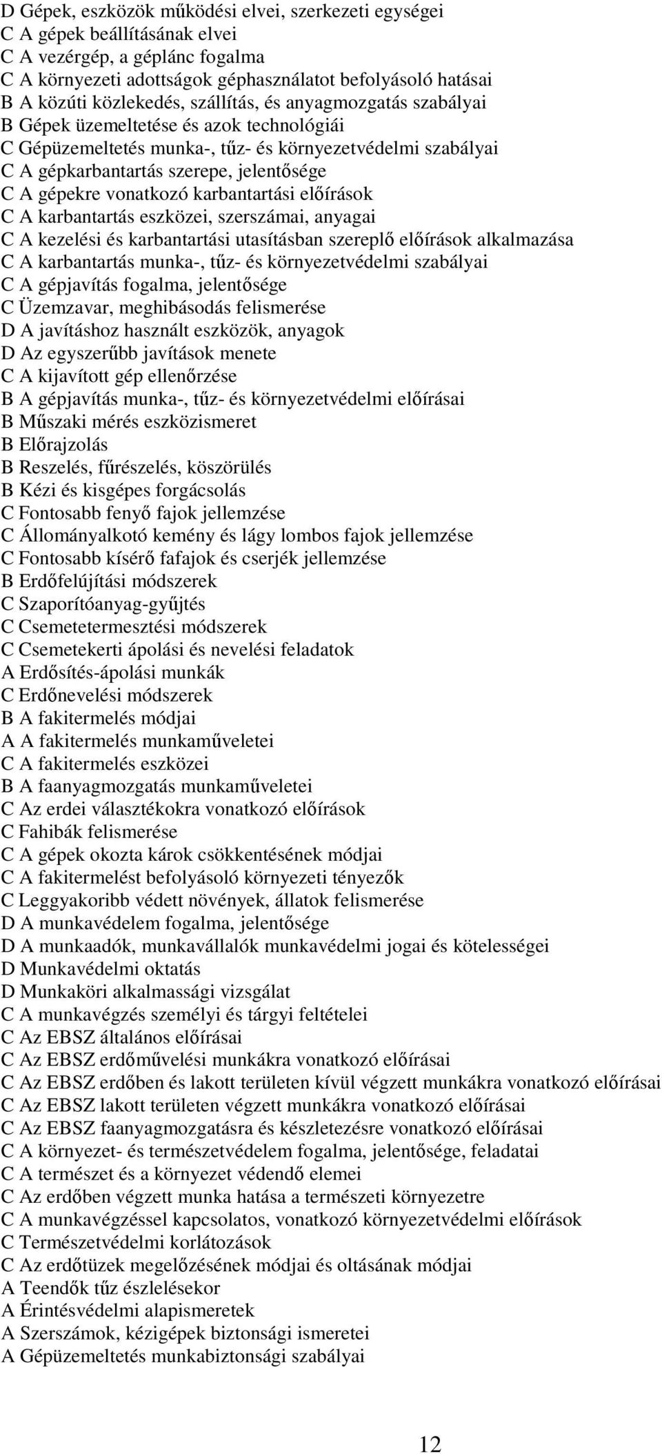 vonatkozó karbantartási előírások C A karbantartás eszközei, szerszámai, anyagai C A kezelési és karbantartási utasításban szereplő előírások alkalmazása C A karbantartás munka-, tűz- és