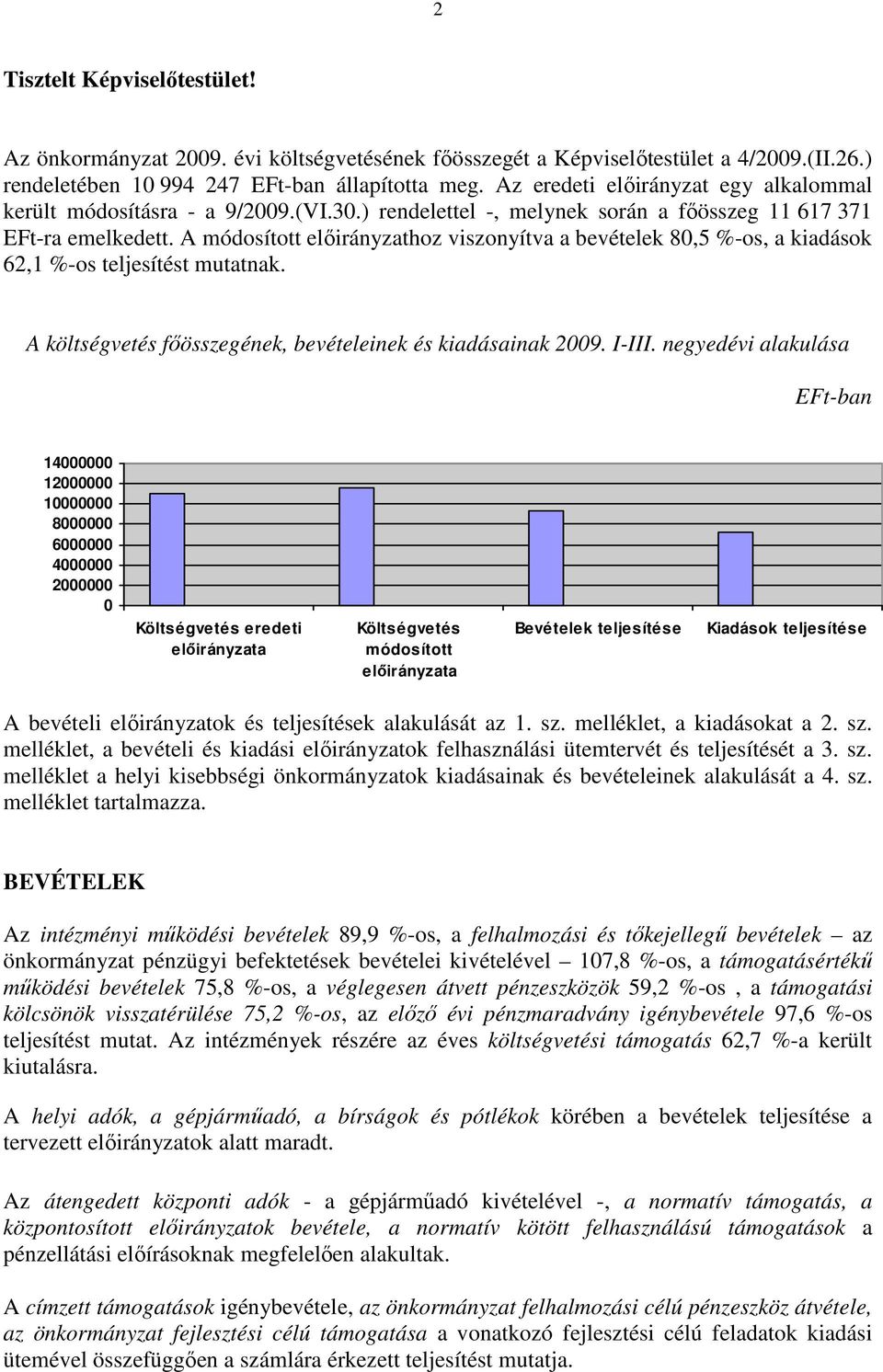 A módosított hoz viszonyítva a bevételek 80,5 %-os, a kiadások 62,1 %-os teljesítést mutatnak. A költségvetés fıösszegének, bevételeinek és kiadásainak 2009. I-III.