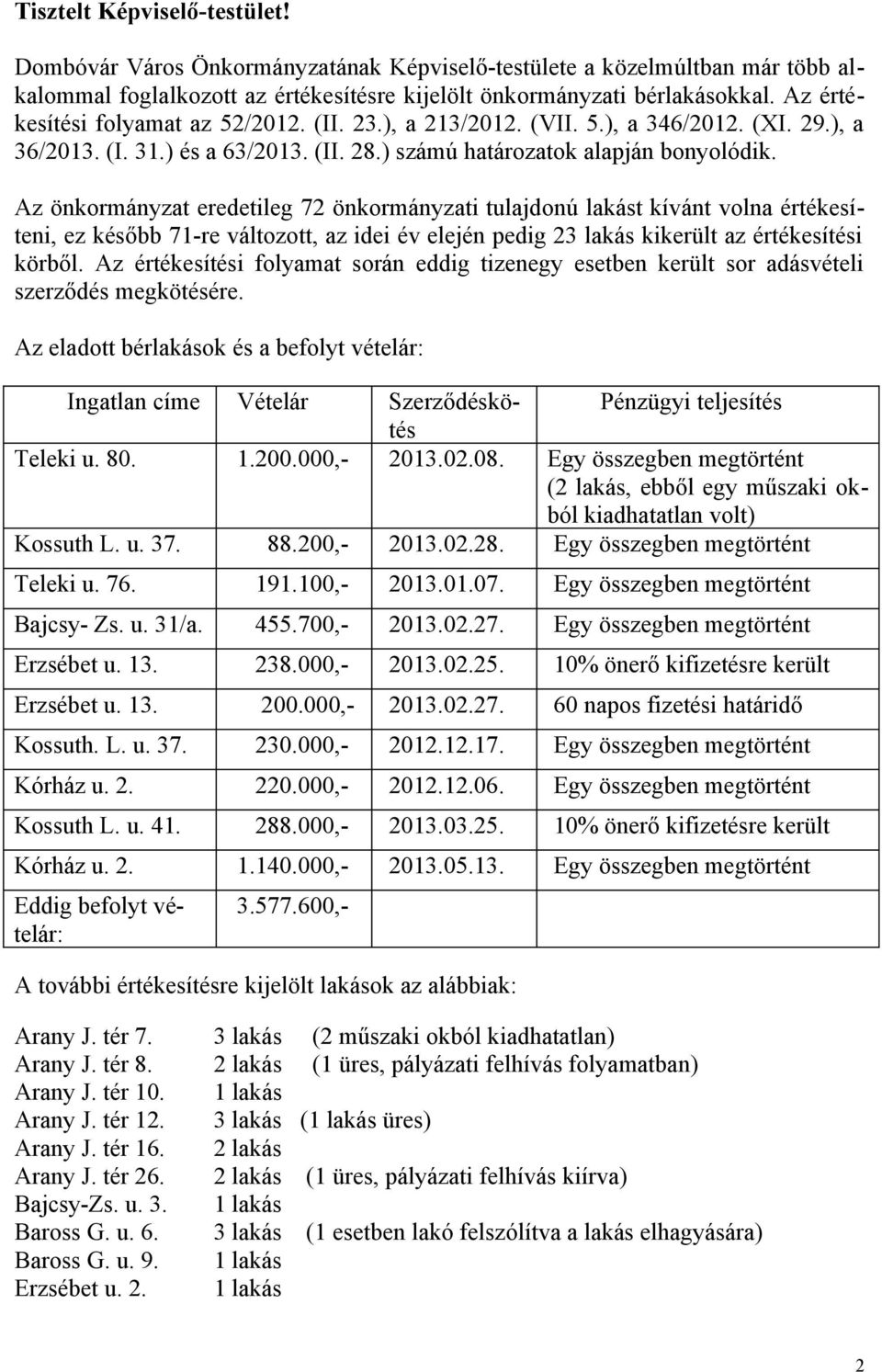 Az önkormányzat eredetileg 72 önkormányzati tulajdonú lakást kívánt volna értékesíteni, ez később 71-re változott, az idei év elején pedig 23 lakás kikerült az értékesítési körből.