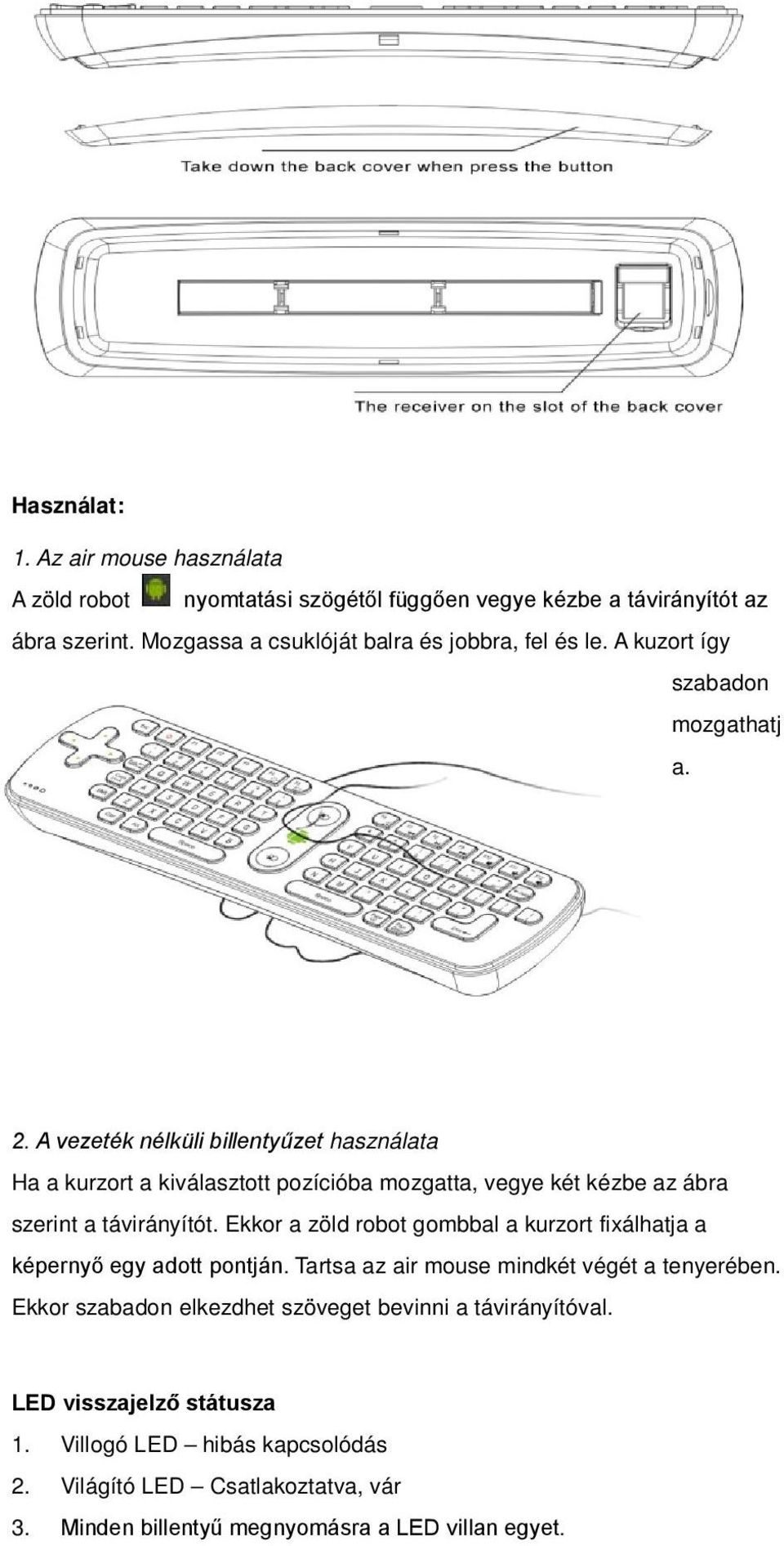 A vezeték nélküli billentyűzet használata Ha a kurzort a kiválasztott pozícióba mozgatta, vegye két kézbe az ábra szerint a távirányítót.