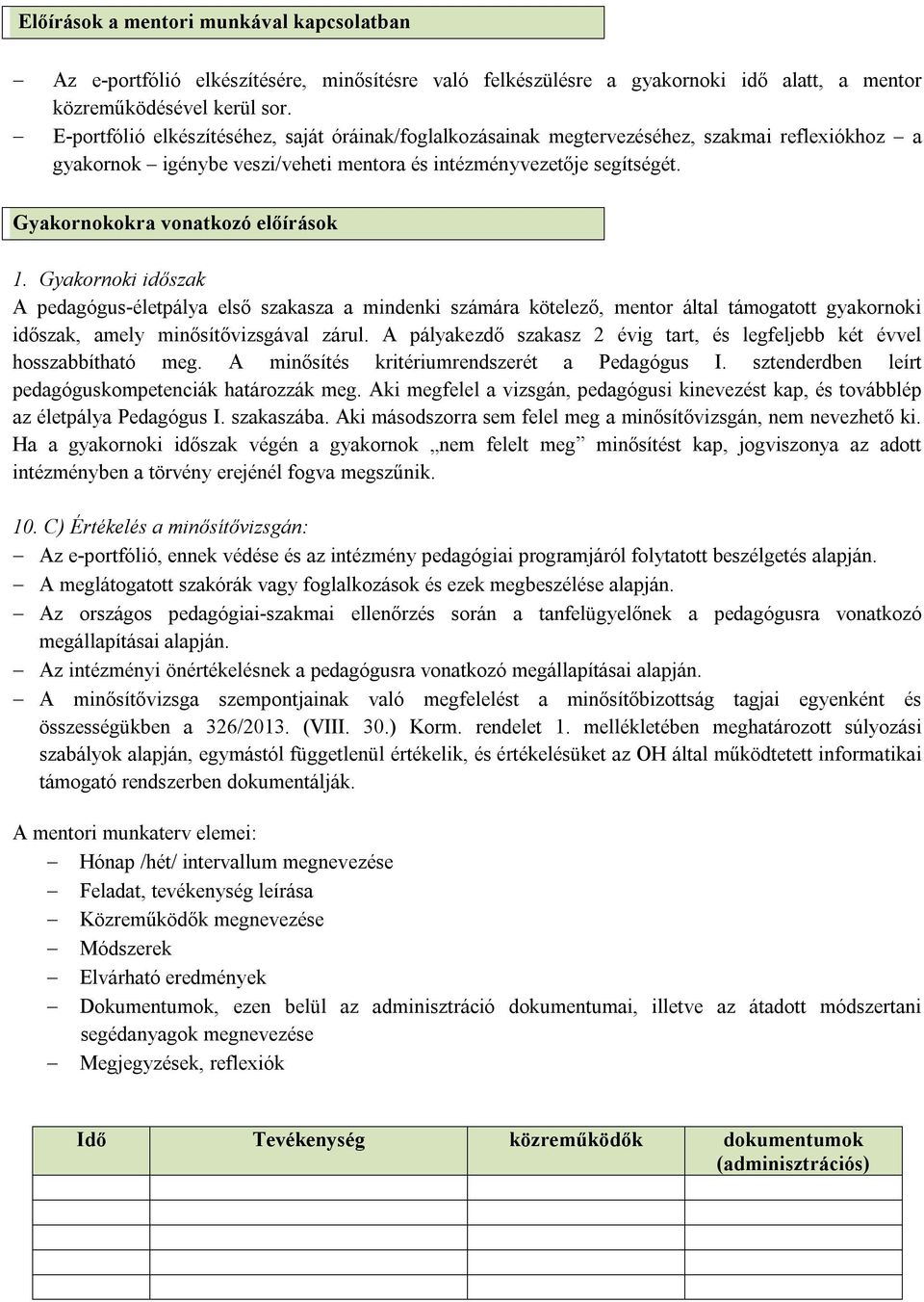 Gyakornokokra vonatkozó előírások 1. Gyakornoki időszak A pedagógus-életpálya első szakasza a mindenki számára kötelező, mentor által támogatott gyakornoki időszak, amely minősítővizsgával zárul.