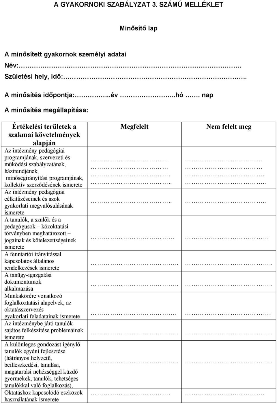 programjának, kollektív szerződésének ismerete Az intézmény pedagógiai célkitűzéseinek és azok gyakorlati megvalósulásának ismerete A tanulók, a szülők és a pedagógusok közoktatási törvényben