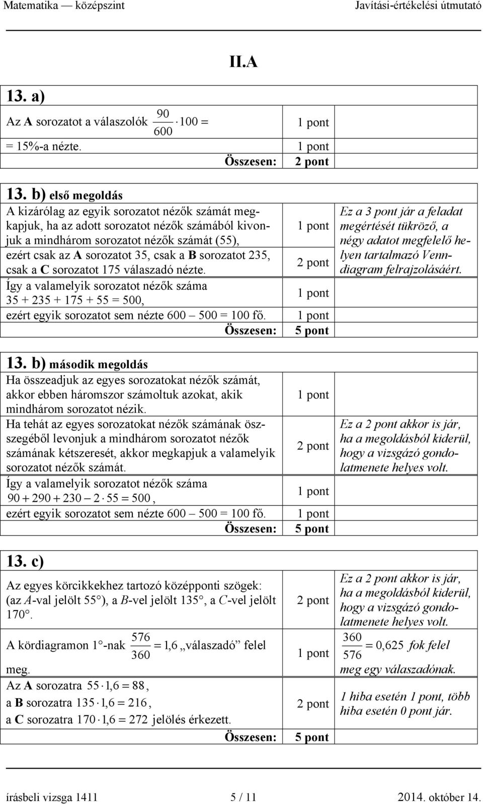 sorozatot 35, csak a C sorozatot 175 válaszadó nézte. Így a valamelyik sorozatot nézők száma 35 + 35 + 175 + 55 = 500, ezért egyik sorozatot sem nézte 600 500 = 100 fő. 13.